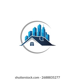 A modern logo featuring a cityscape rising above a house roof, symbolizing urban living and real estate. Ideal for property development and architectural firms.