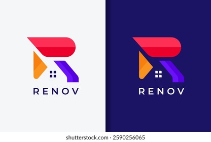 A modern logo featuring a colorful letter R seamlessly combined with a house shape, symbolizing renovation, real estate and property.,