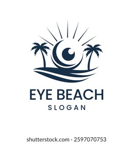 Modern Logo featuring Eyes, Tropical Beach Palm Trees, Waves and Sunlight. Logo for Travel Agency, Resort