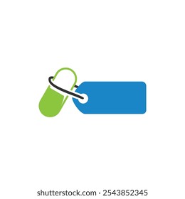 A modern logo featuring a green capsule and blue tag, representing pharmaceutical branding and healthcare innovation. Ideal for medical, healthcare, and pharmacy-related designs.