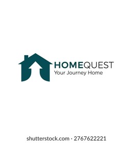 A modern logo featuring a house icon with an upward arrow, representing growth and journey towards home, alongside the text Homequest Your Journey Home.