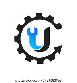 Modern logo featuring a letter U with a wrench inside a gear and reload arrow, representing maintenance, repair cycles, system updates, automation, and reliable technical or industrial services.