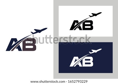 A modern logo featuring the letters AB with an airplane soaring above, creating a dynamic flight path. Shown on white and navy backgrounds.