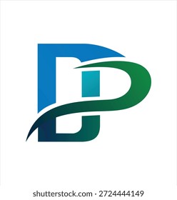Modernes Logo mit den Buchstaben "D" und "P", verwoben mit grünen und blauen organischen Swooshs, perfekt für Öko-Tech- oder kreative Medienmarken.