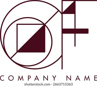 Modernes OF-Logo mit einem Monogramm innerhalb eines kreisförmigen Rahmens in minimalistischem Stil, ideal für die Markenbildung. Das Design zeigt abstrakte Formen mit klaren Linien, die Eleganz und Professionalität hervorheben.