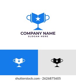 Logotipo moderno con un libro abierto y un icono de trofeo, que simboliza el logro a través del conocimiento. Diseño geométrico limpio y adecuado para la educación, premios o cualquier marca enfocada en el éxito. 