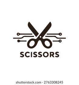 A modern logo featuring scissors combined with circuit board lines. Ideal for technology repair services digital editing or a creative tech brand.