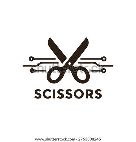 A modern logo featuring scissors combined with circuit board lines. Ideal for technology repair services digital editing or a creative tech brand.