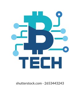 A modern logo featuring a stylized Bitcoin symbol in blue and teal, connected by circuit board lines and nodes. The word "TECH" is prominently displayed below.