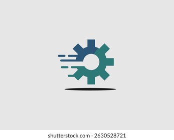 A modern logo featuring a stylized gear in shades of blue and teal