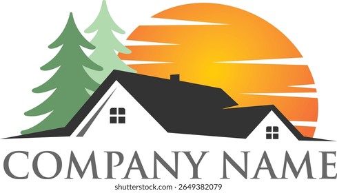 Um logotipo moderno com uma casa estilizada com duas janelas, aninhadas entre árvores perenes, com um pôr do sol vibrante ou o nascer do sol atrás dela. O texto "NOME DA EMPRESA" é exibido de forma destacada abaixo.