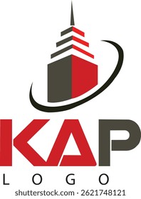  Logotipo moderno con un rascacielos estilizado, órbita swoosh y texto en negrita 'KAP', ideal para marcas de bienes raíces, arquitectura o industria de la construcción.