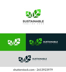 A modern logo featuring two stylized green leaves, representing sustainability and nature. Variations on white, green, and dark backgrounds are shown.