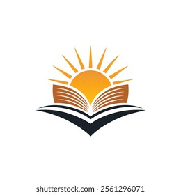 A modern logo featuring a vibrant open book and rising sun in a geometric star frame, symbolizing education and growth.