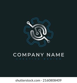 Modern Logo Fiber Optic Cable. Vector Design Template. Icon of the circuit board line with a gear. Sign used for technology, engineering, network. Electronics, motherboard, processor, computer.