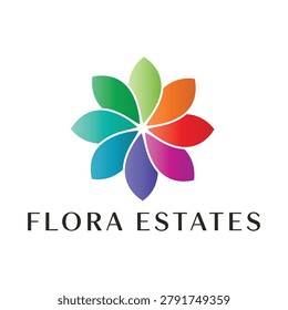 Modern logo for flora estates featuring a vibrant multi colored flower with petal shapes in a circular arrangement.