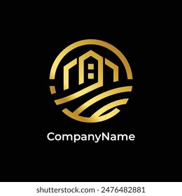 A modern logo in a golden circle featuring a house and landscape. Perfect for real estate, architecture, and urban development companies looking for a stylish and professional brand image.