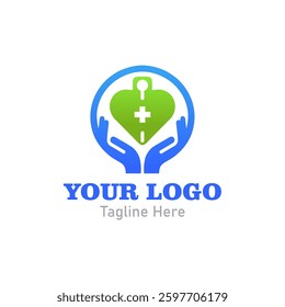 Modern Logo Of a green heart with a plus sign in the center held by two hands.