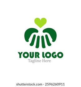 Modern Logo Green heart with two hands forming a heart around it. vector