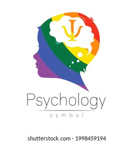 Modern logo head with letter Psi inside brain . Logotype sign of Psychology. Profile Human. Creative style. Symbol in vector. Design concept. Rainbow color isolated on white. Icon for web,