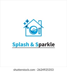 Modern “Splash Sparkle” logo with house, washing machine, star and pipe, represents cleaning and home care services. Suitable for branding, marketing and related business media, with editable vector