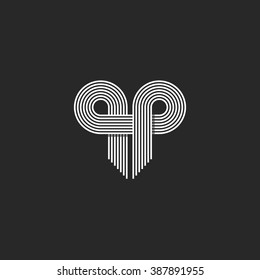 Modern Logo Initials QP letter together, thin parallel line monogram wedding invitation emblem qq ambigram, geometric shape