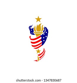 Modern logo inspired by torch and USA flag.