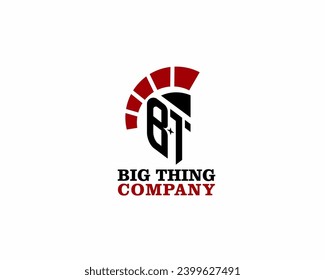 Logo moderno de letras B y T formando un casco espartano. Adecuado para empresas dedicadas a la seguridad y juegos en línea.