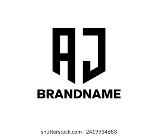 Logo moderno de las letras A y J formando un escudo. Adecuado para empresas tecnológicas, deportivas y de seguridad.