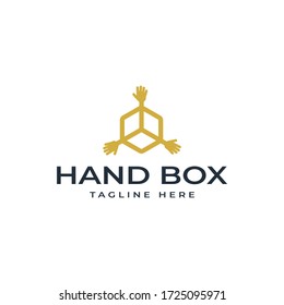 Plantilla moderna de vectores de diseño de línea de logotipo, tres manos formando un triángulo, caja o paquete o paquete de entrega de compras en línea