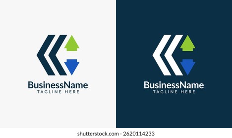 Marca de logotipo moderna com letra c e ícone de seta castiçal de barra para negociação, investimento, finanças, estatística, contabilidade ou marketing de negócios