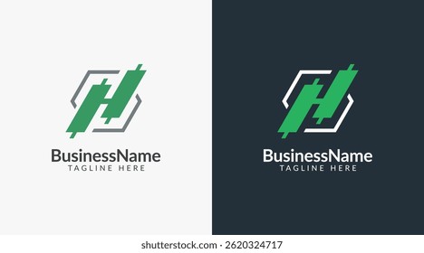 Modern logo mark with letter H and arrow icon bar candlestick for trading, investment, finance, statistic, accounting or marketing business