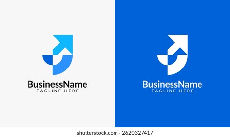 Modern logo mark with letter J and arrow icon bar candlestick for trading, investment, finance, statistic, accounting or marketing business