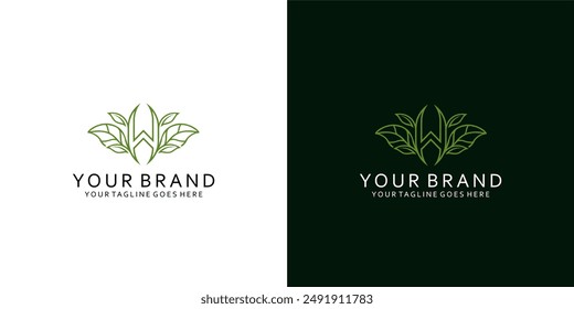 Un moderno monograma de logotipo en forma de hoja natural que tiene líneas dinámicas simples y da la impresión de elegancia, lujo, sencillez