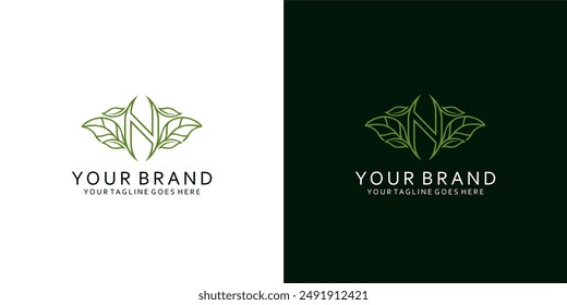 Un moderno monograma de logotipo en forma de hoja natural que tiene líneas dinámicas simples y da la impresión de elegancia, lujo, sencillez