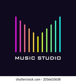 Modern logo for a music studio. Tech neon rainbow m-shaped stripes isolated on a black background.