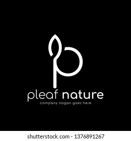 Modern logo P combine with leaf. Initial Letter P Eco nature design template isolated on black background.