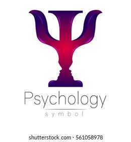 Modern logo of Psychology. Psi. Creative style. Logotype in vector. Design concept. Brand company. Violet color letter on white background. Symbol for web, print, card, flyer