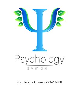 Modern logo of Psychology. Psi. Creative style. Logotype in vector. Design concept. Brand company. Blue color letter with green leaves on white background. Symbol for web, print, card, flyer.