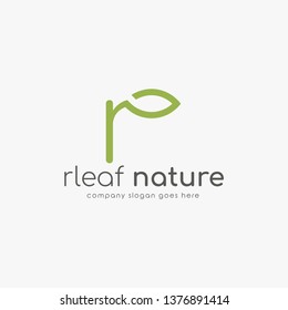 Modern logo R combine with leaf. Initial Letter R Eco nature design template isolated on white background.