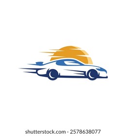 modern logo of race car with sunrise illustration as a background