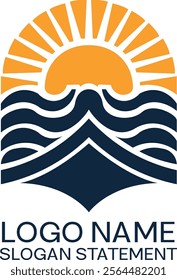 A modern logo with a radiant sun and wavy water patterns against a dark background. It evokes serenity and nature, with "LOGO NAME" and "SLOGAN STATEMENT" elegantly placed below.






