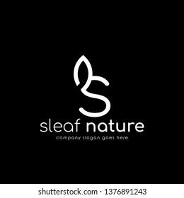 Modern logo S combine with leaf. Initial Letter S Eco nature design template isolated on black background.
