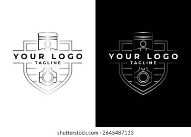 Modelo de logotipo moderno com uma representação de arte de linha limpa de um pistão de motor. Este logotipo é adequado para empresas automotivas, oficinas de reparos ou qualquer marca relacionada a motores e mecânicos. 