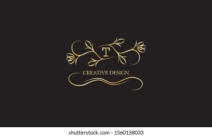 Modern logo template with floral elegant lines and letter T. Monogram design elements, business identity sign for restaurant, royalty, boutique, cafe, hotel. Vector illustration