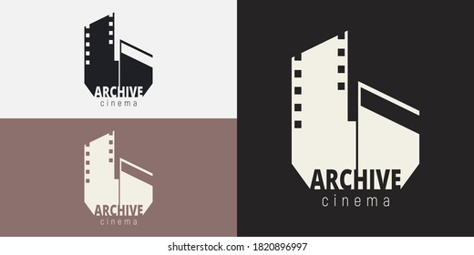 Modern logo in three color options. Minimalistic design. Building stylized as a film strip. Vector illustration