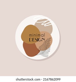 Logo moderno con hojas tropicales, manchas y puntos. Logo para salón de belleza, cosméticos naturales, emblema, etiqueta. Diseño minimalista. Vector dibujado a mano.