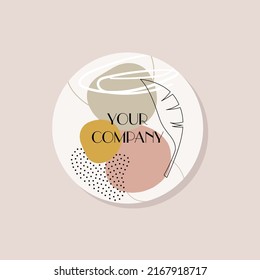 Logo moderne avec feuilles tropicales, taches et points. Logo pour salon de beauté, cosmétiques naturels, emblème, étiquette. Conception minimaliste. Votre entreprise. Image vectorielle dessinée à la main.
