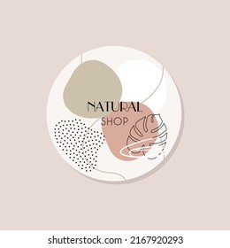 Modernes Logo mit tropischen Blättern, Flecken und Punkten. Logo für Schönheitssalon, Naturkosmetik, Emblem, Label. Minimalistisches Design. Naturgeschäft. Handgezeichneter Vektor.