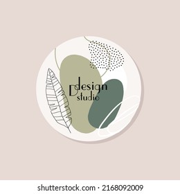 Modern logo with tropical leaf, spots and dots. Logo for beauty salon, natural cosmetics, emblem, label. Minimalistic design. Design studio. Hand drawn vector.